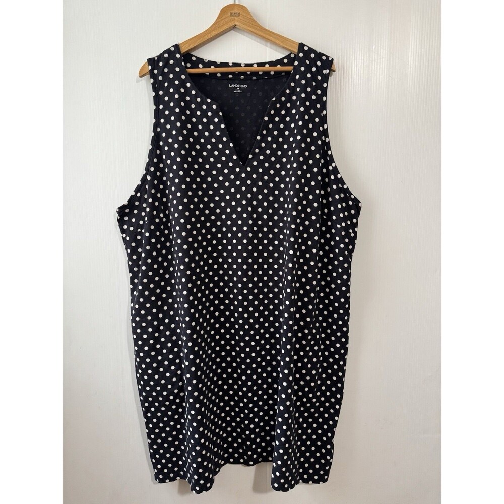Lands End 3X Dress Black White Polka Dot Sleeveless Cotton Knit V Neck Pocket